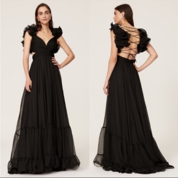 Mac Duggal leena Chiffon Ruffle Sleeve Gown in Black - Picture 1 of 9